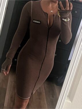 PrettyLittleThing Brown Long Sleeve Zip-Front Bodycon Dress